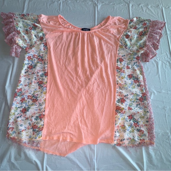 Free People vibes Orange Short Sleeve Tee with Floral Ruffle Sleeves - Picture 1 of 7